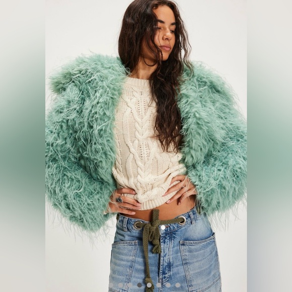Free People Moonlight Faux Fur Jacket Collar Slouchy Cropped Granite Green - Picture 4 of 8